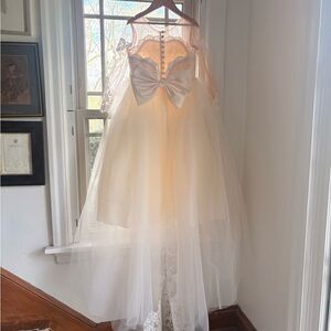 Girl’s Sheer Lace Tulle Gown with Satin Bow & Buttons